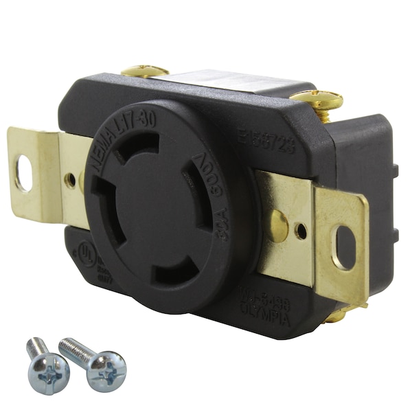Locking Receptacle, L17-30R, 30 A, 600V AC, Three Phase, 3 Pole, Flush Mount, Black